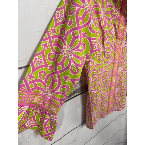 Gretchen Scott Designs Priss Brooks Ruffle Blouse Pink Green Sz XS - Picture 2 of 8